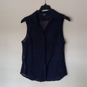 Lauren Ralph Lauren Blouse Size XXL Navy Blue Eyelet Sleeveless Button Front